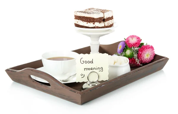 Cup of tea with cakes on wooden tray isolated on white — Stock Photo, Image
