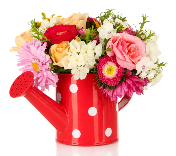 Mooi boeket van heldere bloemen in kleur vaas, geïsoleerd op wit — Stockfoto