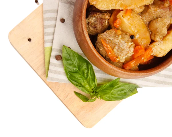 Homemade beef stir fry with vegetables in color bowl, on wooden board, isolated on white — Stock Photo, Image