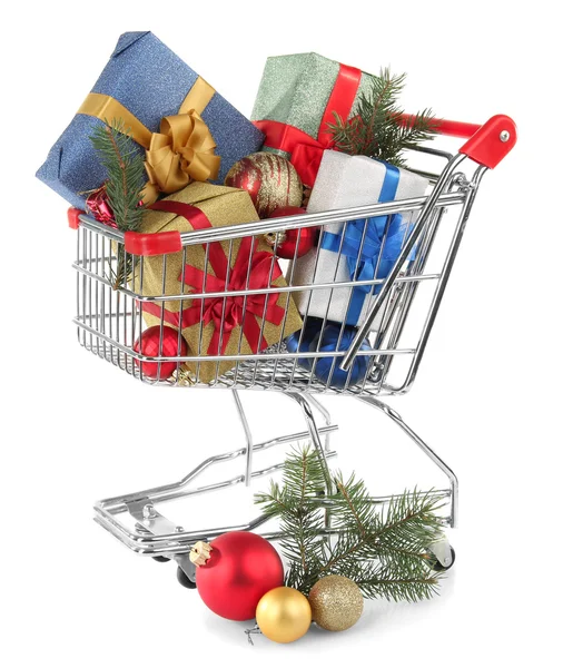 Christmas gifts in shopping trolley — Stock Photo, Image