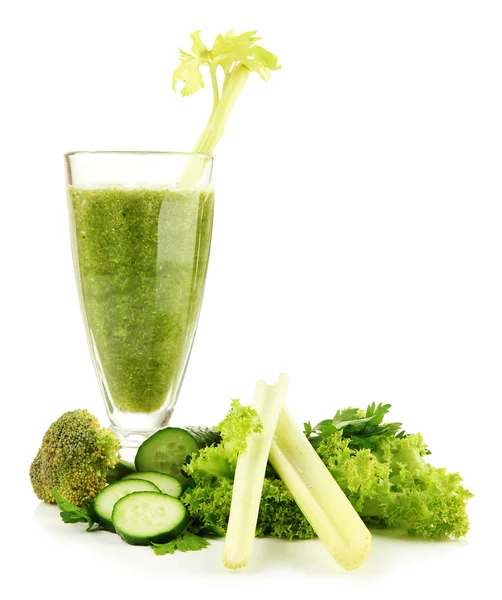 Glass of green vegetable juice and vegetables isolated on white — Stock Photo, Image