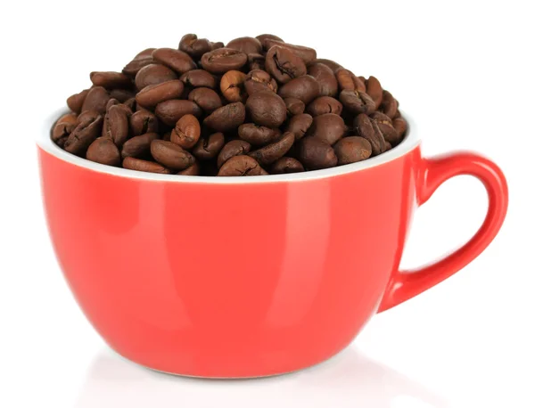 Chicchi di caffè in tazza isolati su bianco — Foto Stock