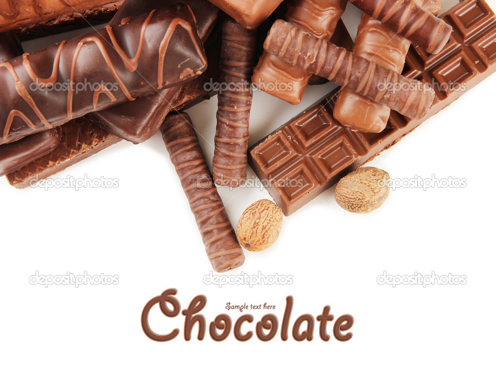 Delicious chocolate bars with nuts close up
