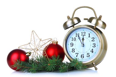 çalar saat ile üzerine beyaz izole Noel süsleri