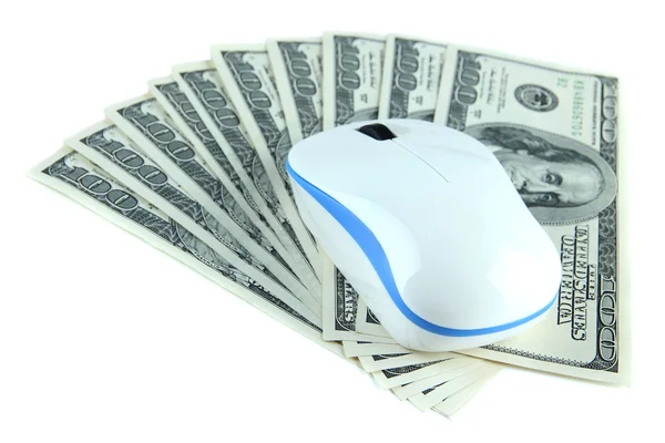 Computer mouse on dollars isolated on white — Stock Photo, Image