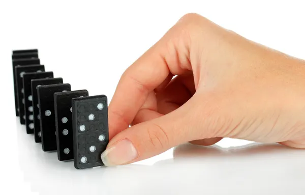 Hand playing domino isolated on white — Stock Photo, Image