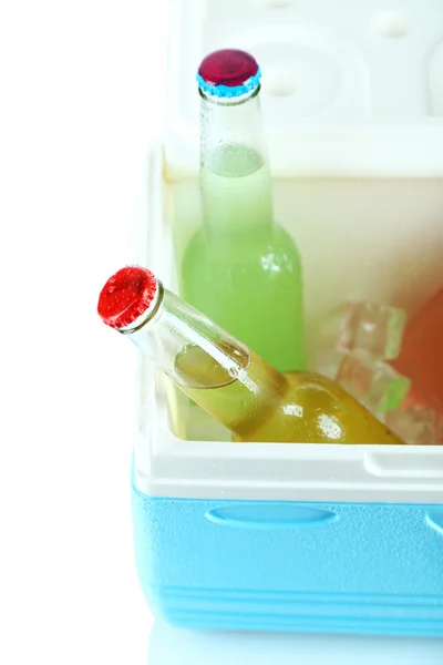 Drinks in glass bottles in mini fridge close up — Stock Photo, Image