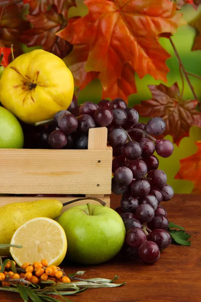 Diferentes frutas con caja y rama de espino cerval de mar sobre mesa sobre fondo brillante — Foto de Stock