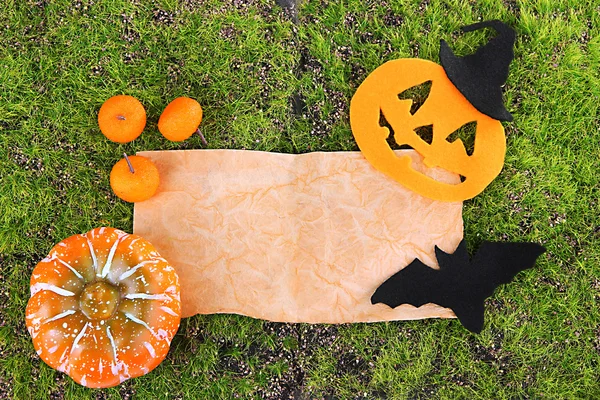 Old paper with Halloween decorations on green moss background — Stock Photo, Image