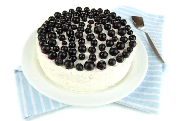 Cheesecake with fresh berries on white plate closeup — Stock Photo, Image