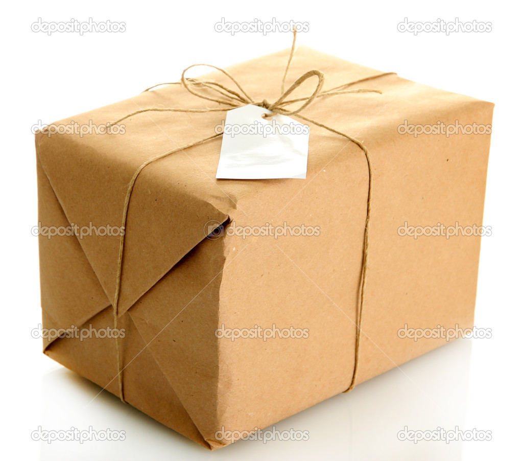 parcel box with kraft paper, isolated on white