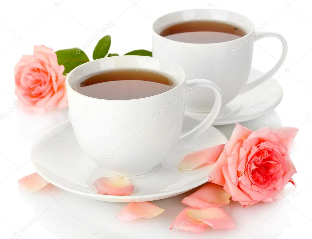 cups of tea with roses isolated on white — Stock Photo © belchonock