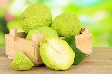 Osage Orange meyveleri (Maclura pomifera) sandıkta, ahşap masada, doğa arka planında