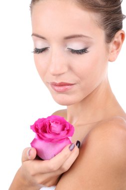 güzel bir kız ile üzerine beyaz izole gül yakın çekim