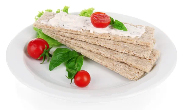 Välsmakande torrt bröd med grönsaker, isolerad på vit — Stockfoto