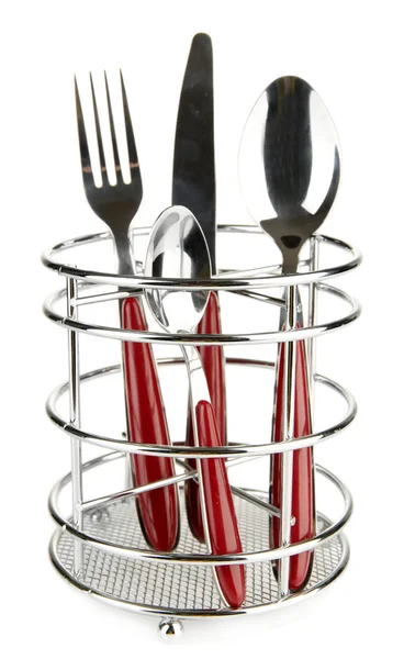 Cuchillo, tenedor y cucharas en soporte metálico aislado sobre blanco —  Fotos de Stock