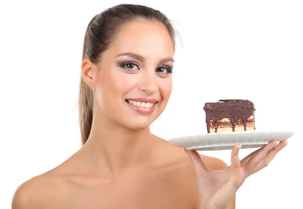 巧克力蛋糕上白色隔离的漂亮年轻女孩的肖像 — 图库照片