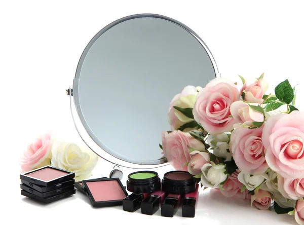 Group decorative cosmetics for makeup and mirror, isolated on white — Stock Photo, Image