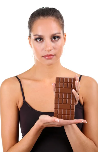 Ritratto di bella ragazza con cioccolato isolato su bianco — Foto Stock