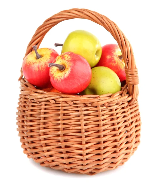 Small apples in wicker basket, isolated on white — Stock Photo, Image