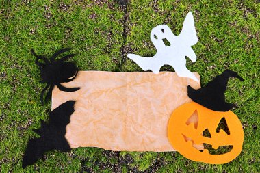 yeşil yosun arka plan üzerinde halloween süslemeleri ile eski kağıt