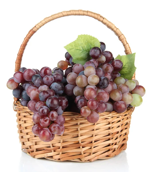 Fresh grape in wicker basket, isolated on white — Stock Photo, Image