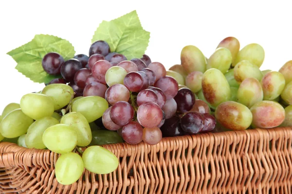 Fresh grape in wicker basket, isolated on white — Stock Photo, Image