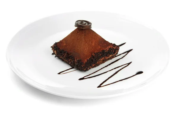 Delicious chocolate cake isolated on white — Stock Photo, Image