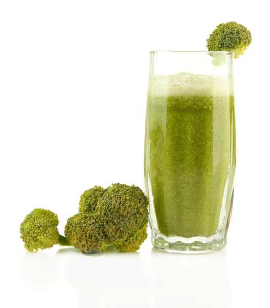 Glass of green vegetable juice and broccoli isolated on white — Stock Photo, Image