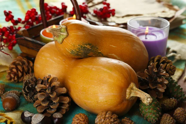 Composition pour Halloween avec citrouilles sur fond de tissu — Photo