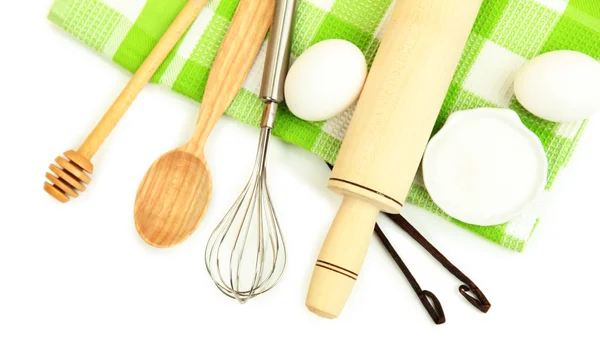 Cooking concept. Basic baking ingredients and kitchen tools isolated on white — Stock Photo, Image