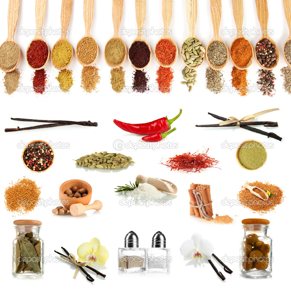 Various spices and herbs isolated on white