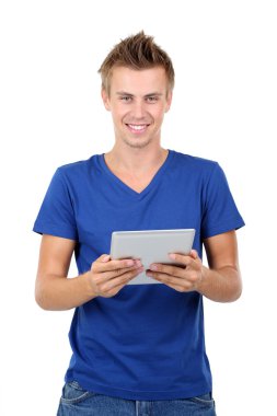 yakışıklı bir delikanlı ile üzerine beyaz izole tablet