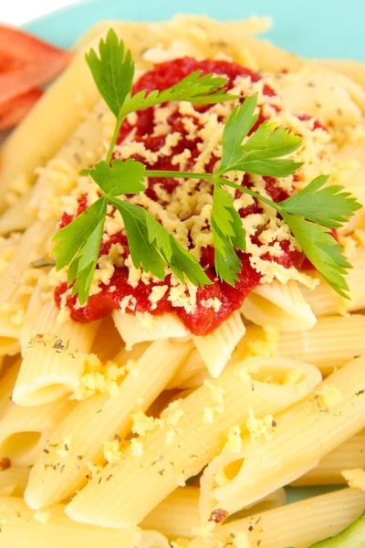 Rigatoni prato de massas com molho de tomate de perto — Fotografia de Stock
