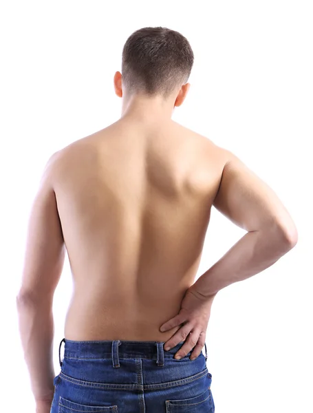 Hombre joven con dolor de espalda, aislado en blanco — Foto de Stock