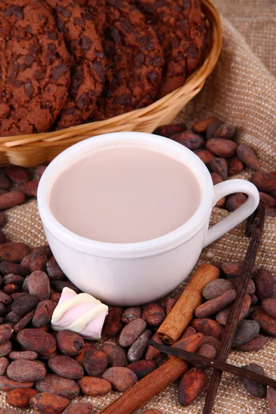 Bebida de cacao y granos de cacao sobre fondo de saco — Foto de Stock