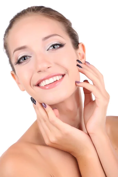 Hermosa chica con la piel brillante primer plano aislado en blanco — Foto de Stock