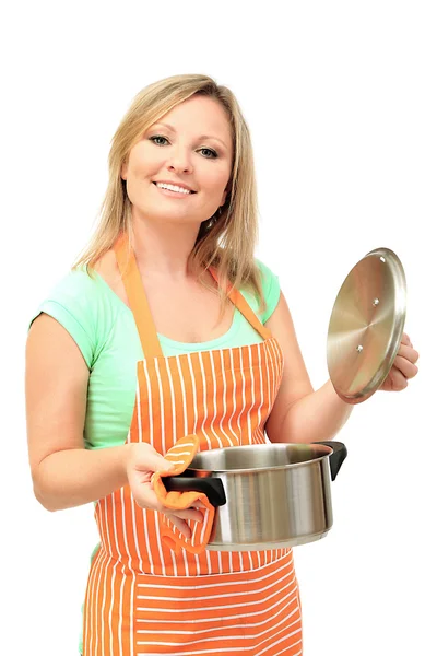 Жінка з сковородою, ізольована на білому — стокове фото