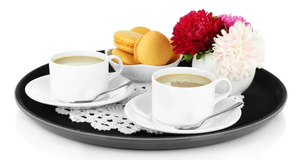 Tazas de café en bandeja aislada en blanco — Foto de Stock