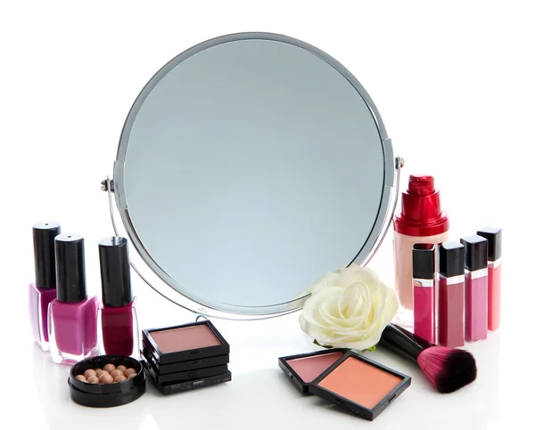 Group decorative cosmetics for makeup and mirror, isolated on white — Stock Photo, Image