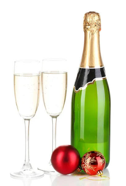 Bottle of champagne with glasses and Christmas balls isolated on white — Stock Photo, Image