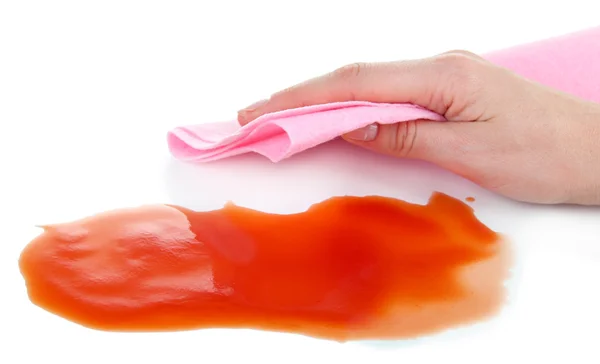 Superfície de limpeza das mãos com pano rosa isolado em branco — Fotografia de Stock