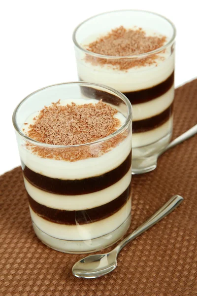 Smakfull jelly coffee med melk på bordet på hvit bakgrunn – stockfoto