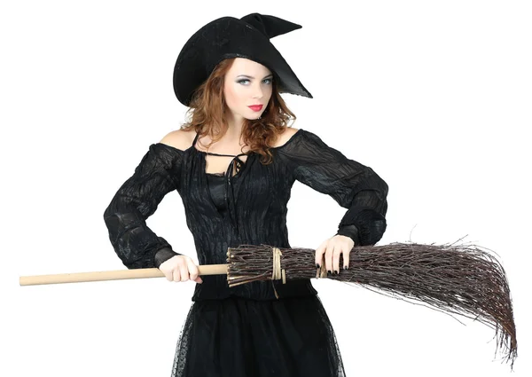 Halloween witch with broom isolated on white — Stock Photo, Image