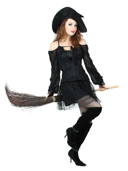 Halloween witch with broom isolated on white — Stock Photo, Image