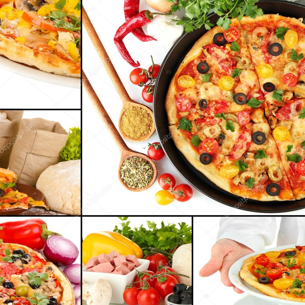 Collage of delicious pizza with ingredients