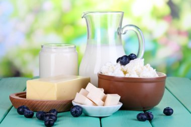 doğal zemin üzerine ahşap masa üzerinde blueberry ile taze süt ürünleri