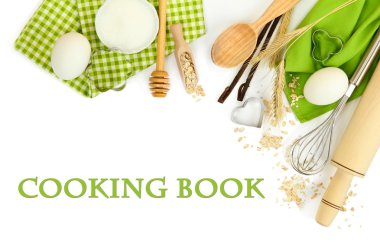 Cooking concept. Basic baking ingredients and kitchen tools isolated on white clipart