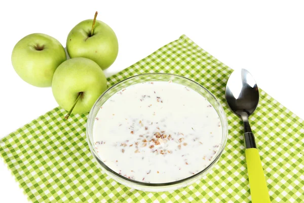 Buckwheat porridge with milk on napkin isolated on white — Stock Photo, Image