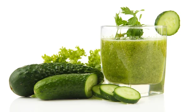 Glass of green vegetable juice and cucumber isolated on white — Stock Photo, Image